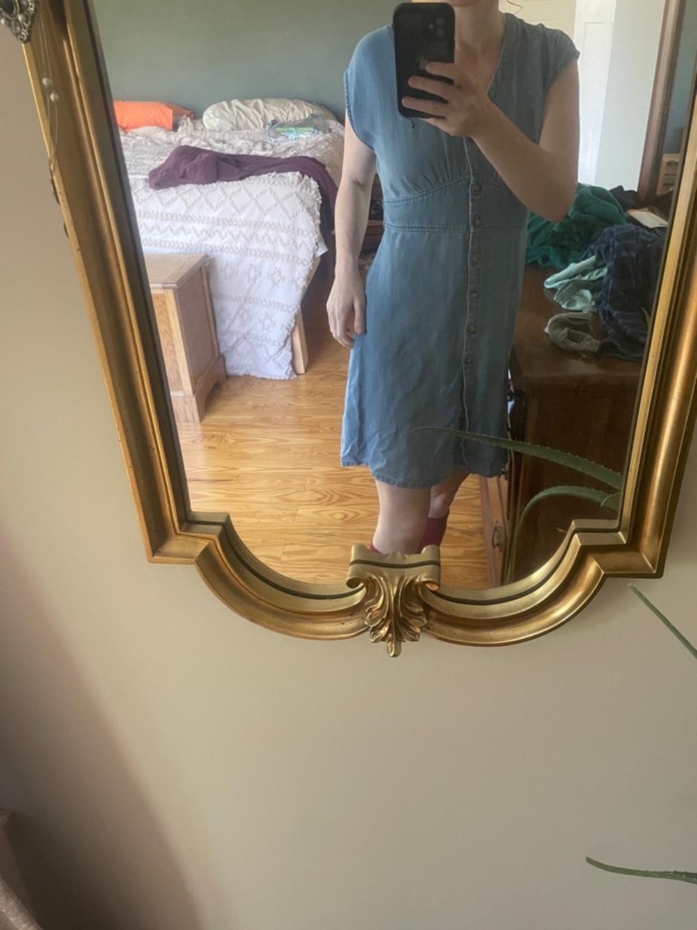 LOFT Light Blue Button-Front Midi Dress